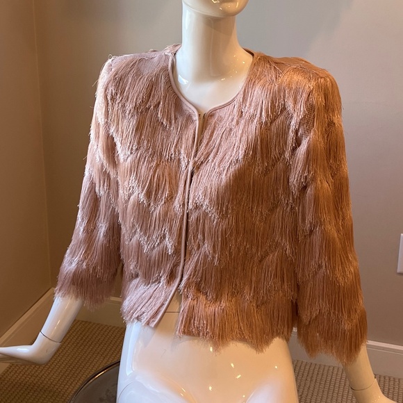 GORGEOUS Blush Pink fringe jacket coat size L ( 10 12) BCBGMAxAzria NEW NWT MINT - Picture 1 of 10